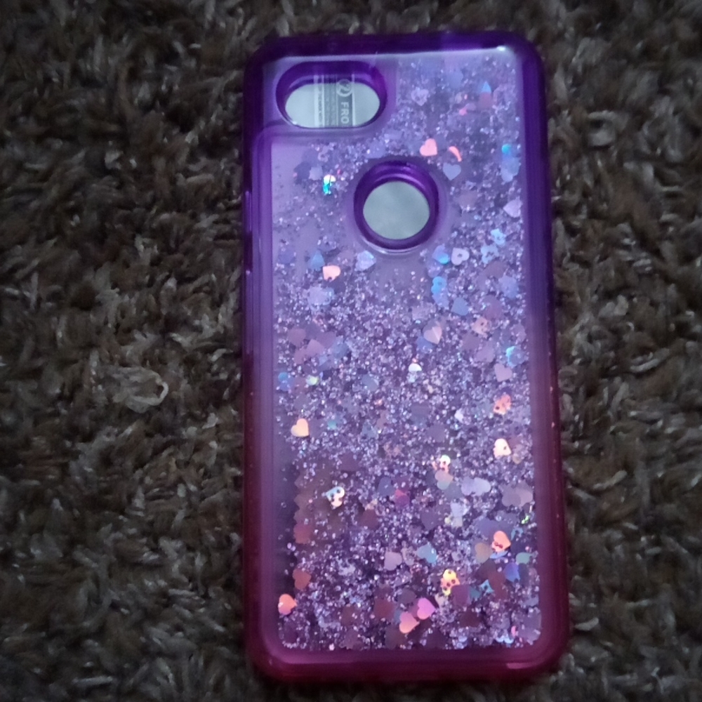 Pixel 3A purple pink glittery hearts case with screen guard.
